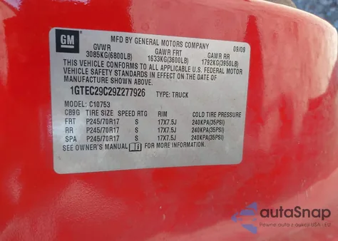 2009 GMC Sierra 1500 Sle z USA, uszkodzony, nr VIN 1GTEC29C29Z277926